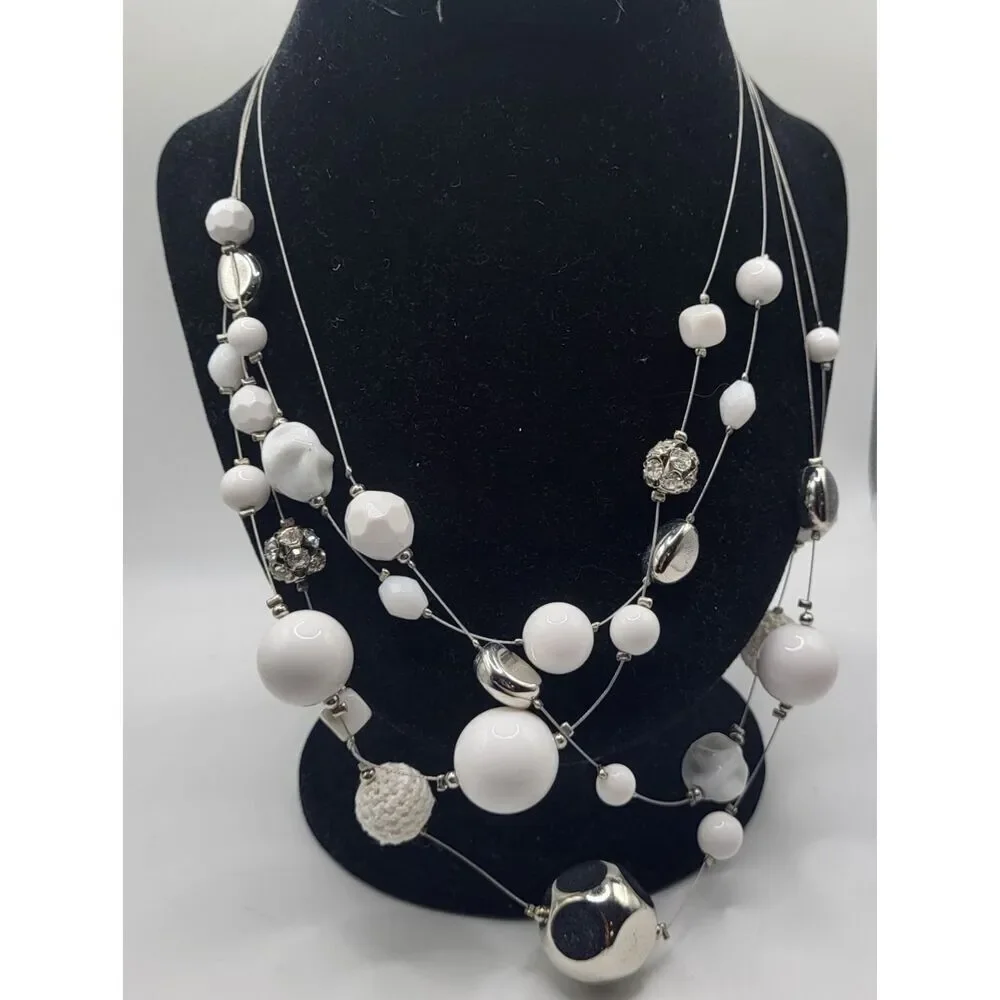 Vintage 90s Fashion White Silver Floating Station Necklace Chunky 22in